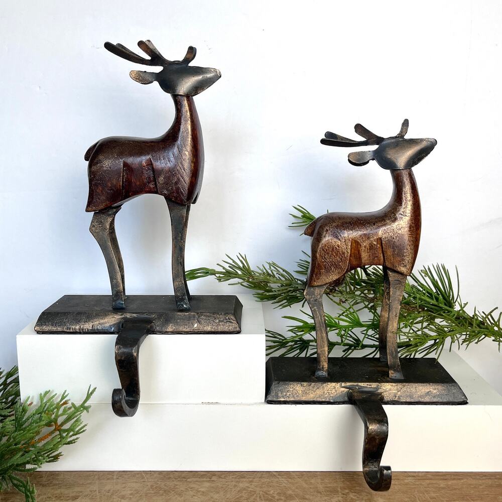 Pair of Rustic Wood and Metal Deer Stocking Hanger Vintage Pier 1 Cabin Country